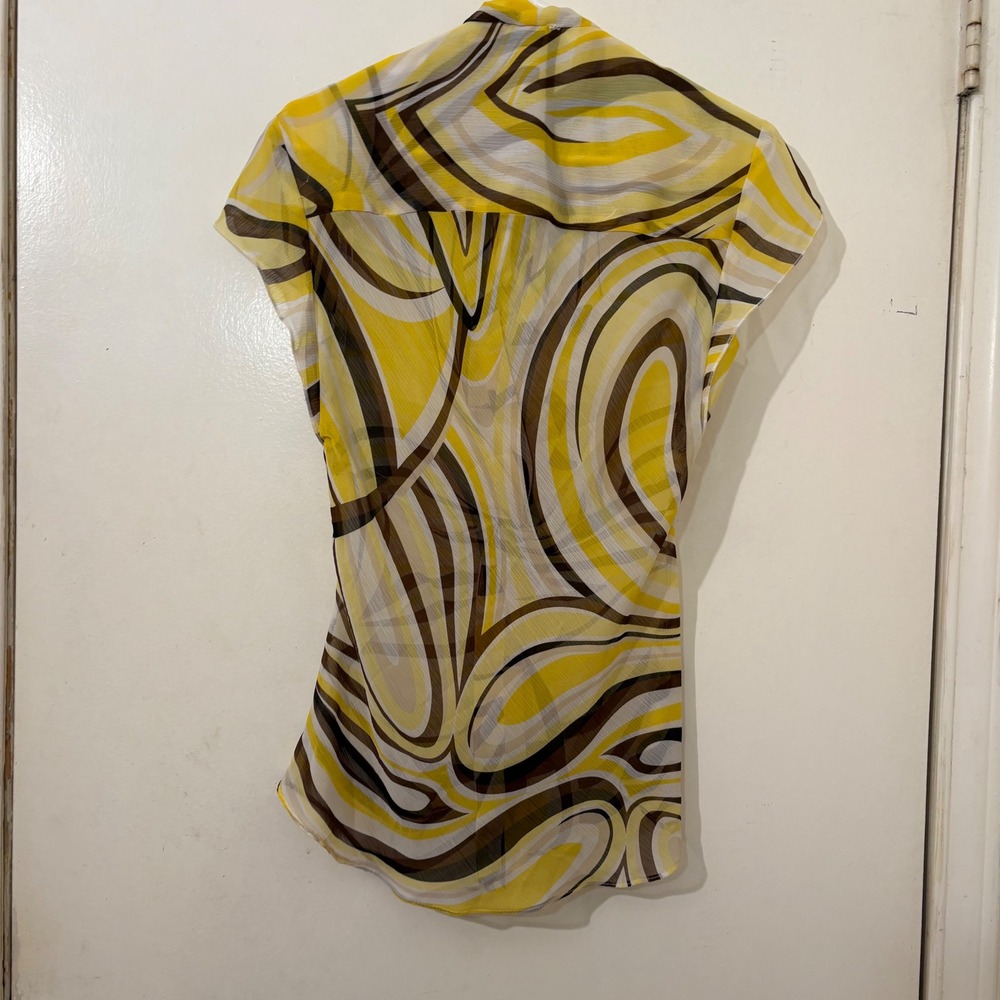 Cache Sheer Yellow Brown Psychedelic Swirl Tie Neck Twist Knot Front Blouse L - Picture 4 of 5